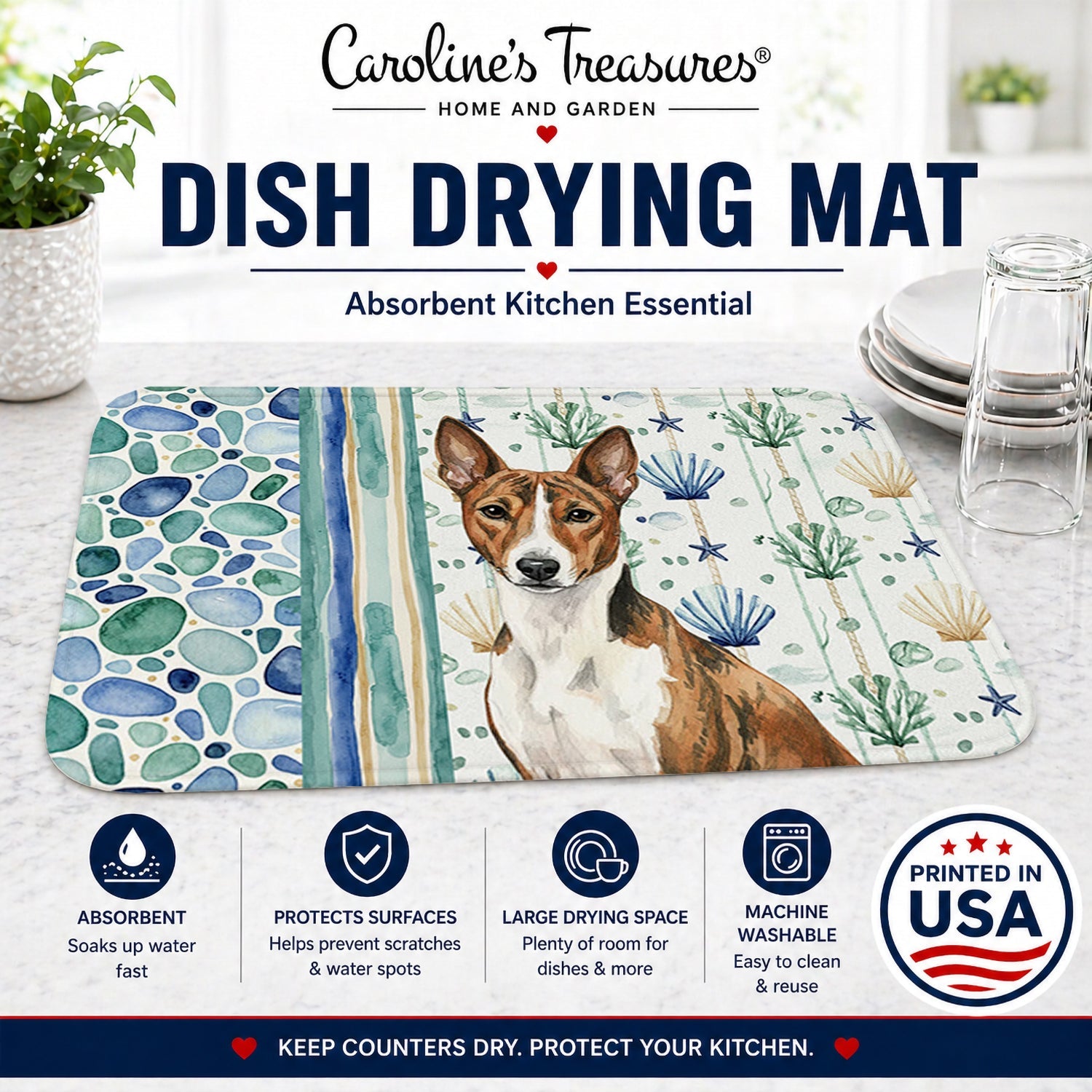 Brindle and White Basenji Coastal Sea Glass Dish Drying Mat Absorbent Dish Drying Mat Pad for Kitchen Counter Dish Drainer Mat for Countertop, 14 x 21", Multicolor
