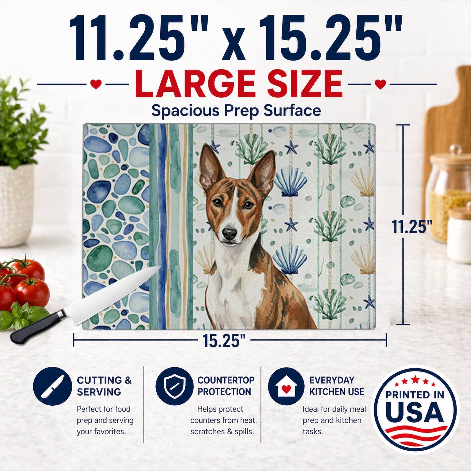 Brindle and White Basenji Coastal Sea Glass Cutting Board Tempered Glass Kitchen Cutting Surface, Heat Resistant Chopping, Non-Slip Feet, Food Prep & Serving