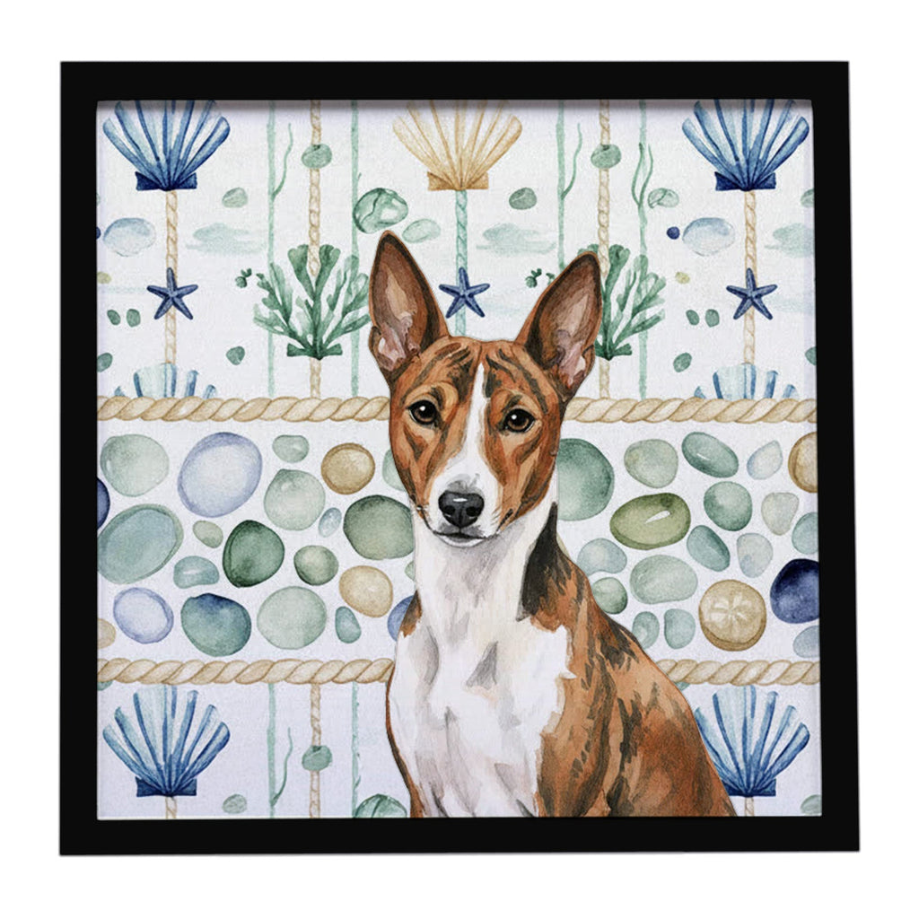 Brindle and White Basenji Coastal Sea Glass Framed Metal Print Bathroom, Kitchen, Office, Home Decor Wall Art Ready to Hang, Square, 8X8