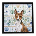 Brindle and White Basenji Coastal Sea Glass Framed Metal Print Bathroom, Kitchen, Office, Home Decor Wall Art Ready to Hang, Square, 8X8