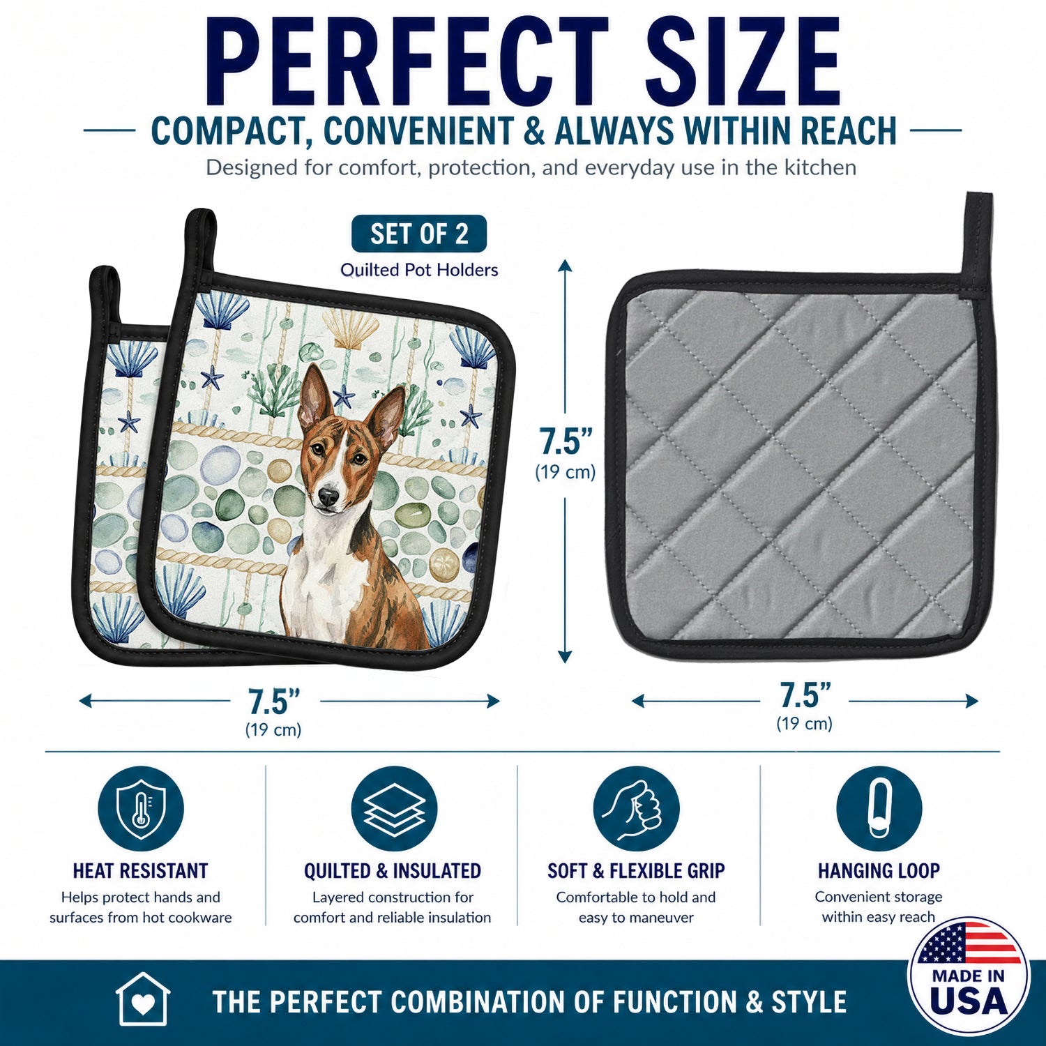 Brindle and White Basenji Coastal Sea Glass Pot Holder Set of 2 Heat Resistant Quilted Hot Pads 7.5 x 7.5 Inch, Insulated Kitchen Trivets for Cooking & Baking