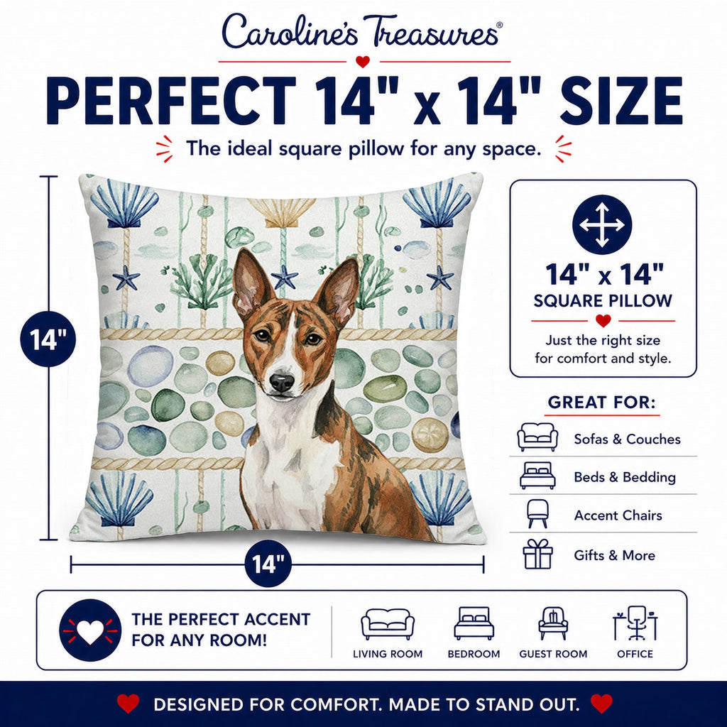 Brindle and White Basenji Coastal Sea Glass Decorative Throw Pillow 14x14 Indoor Outdoor Accent Cushion, Fabric Cover with Insert for Sofa, Bed, Porch & Living Room