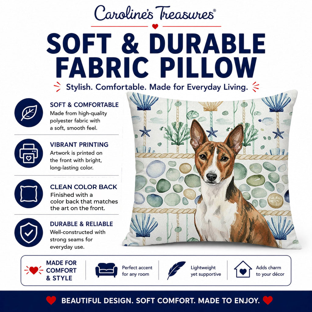 Brindle and White Basenji Coastal Sea Glass Decorative Throw Pillow 18x18 Indoor Outdoor Accent Cushion, Fabric Cover with Insert for Sofa, Bed, Porch & Living Room