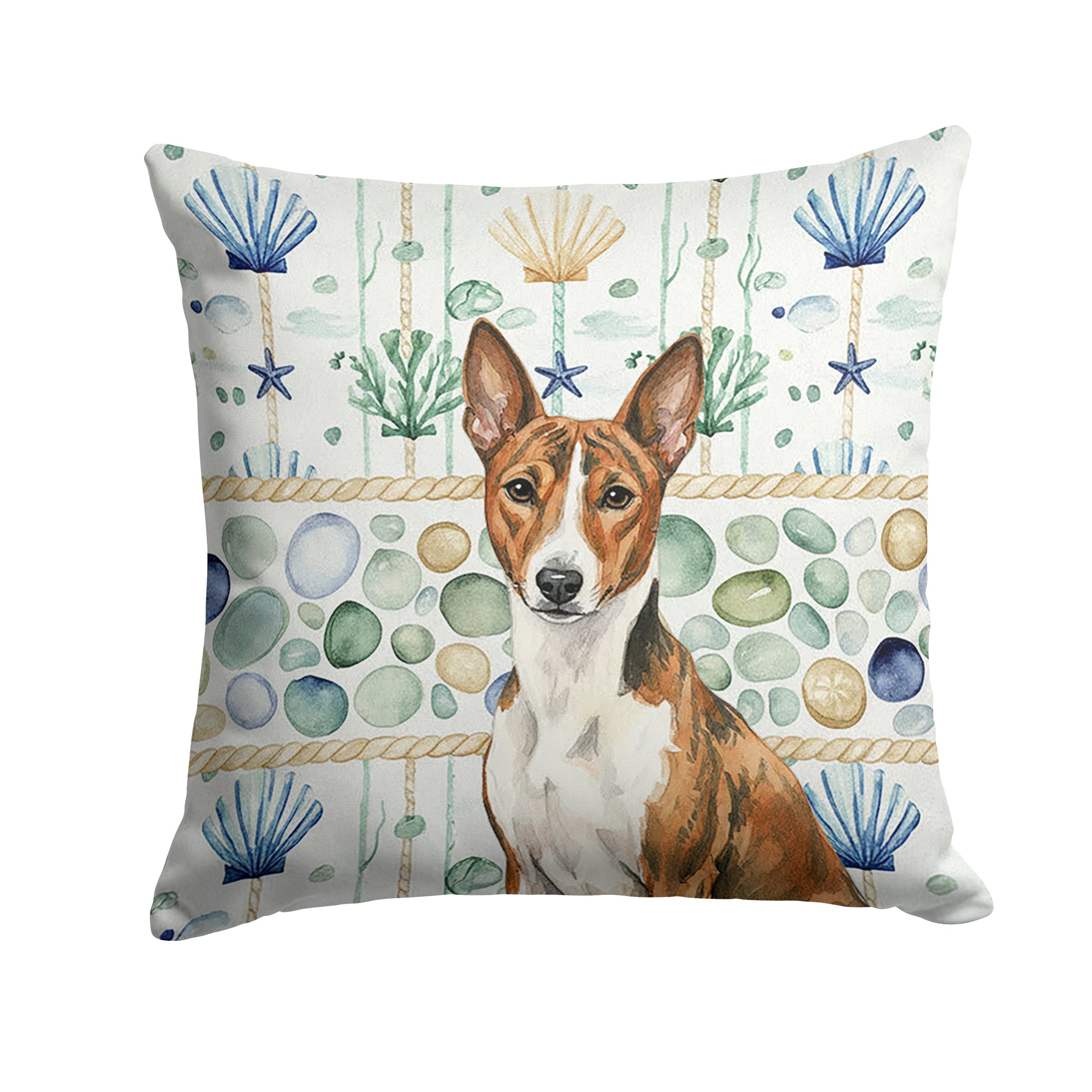 Brindle and White Basenji Coastal Sea Glass Decorative Throw Pillow 18x18 Indoor Outdoor Accent Cushion, Fabric Cover with Insert for Sofa, Bed, Porch & Living Room