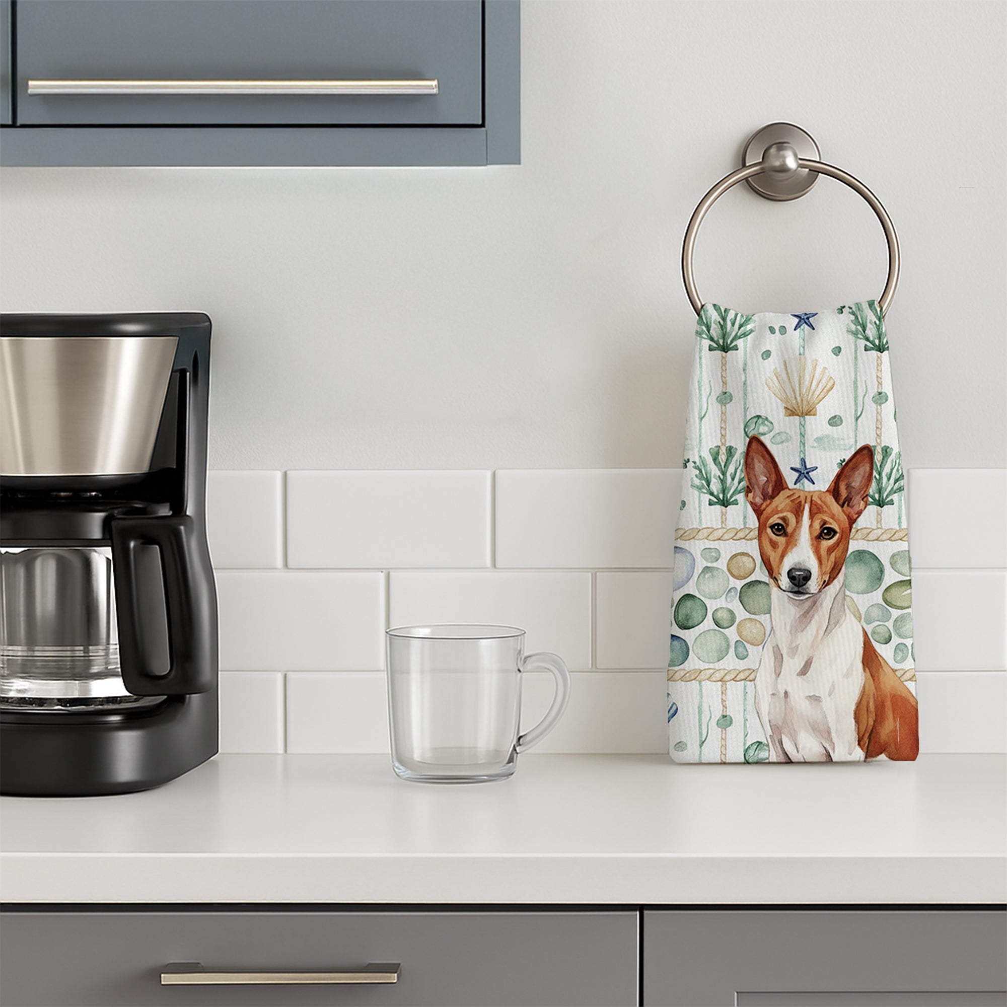 Red and White Basenji Coastal Sea Glass Kitchen Towel Velour Plush Front and Cotton Loop Back Machine Washable