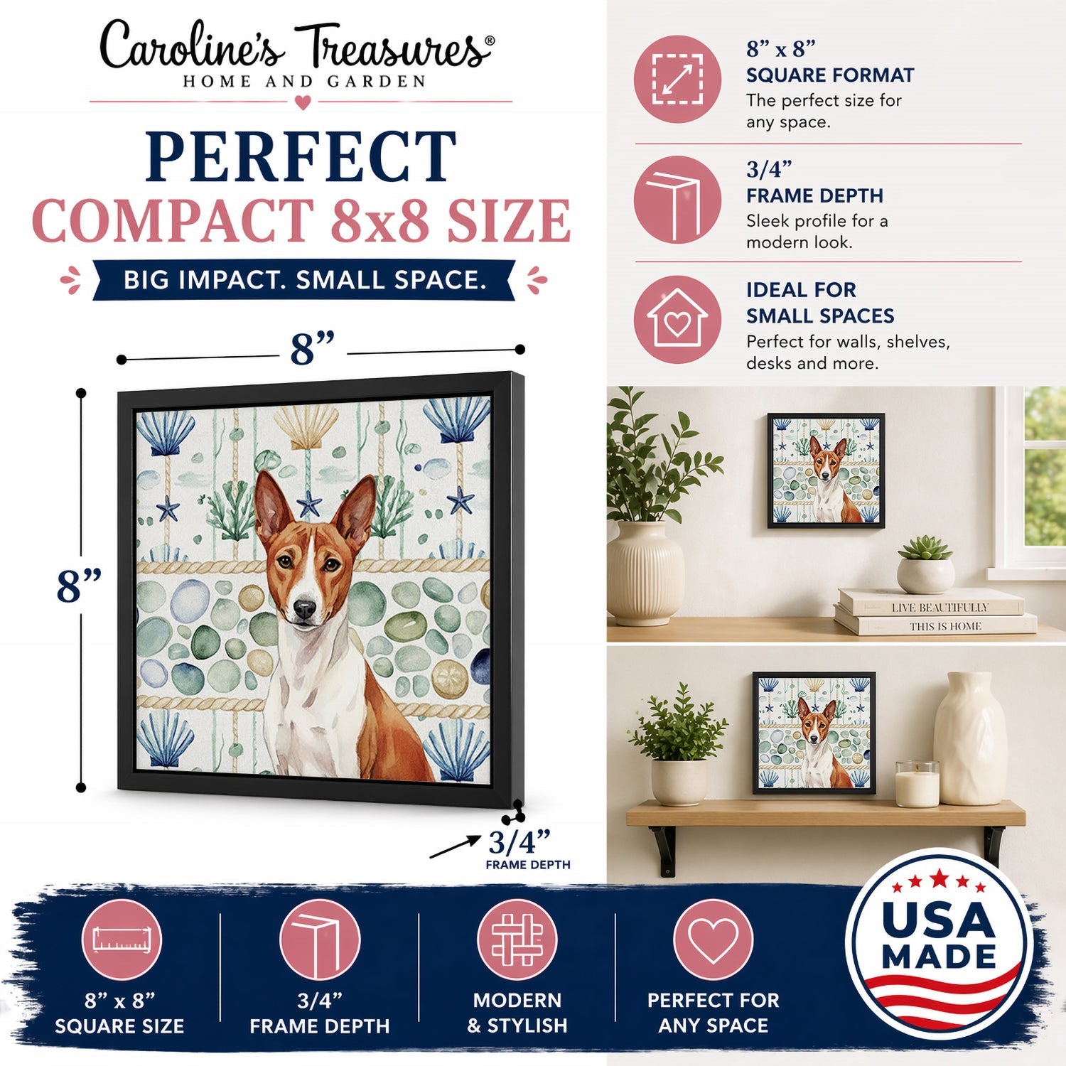 Red and White Basenji Coastal Sea Glass Framed Metal Print Bathroom, Kitchen, Office, Home Decor Wall Art Ready to Hang, Square, 8X8