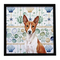 Red and White Basenji Coastal Sea Glass Framed Metal Print Bathroom, Kitchen, Office, Home Decor Wall Art Ready to Hang, Square, 8X8
