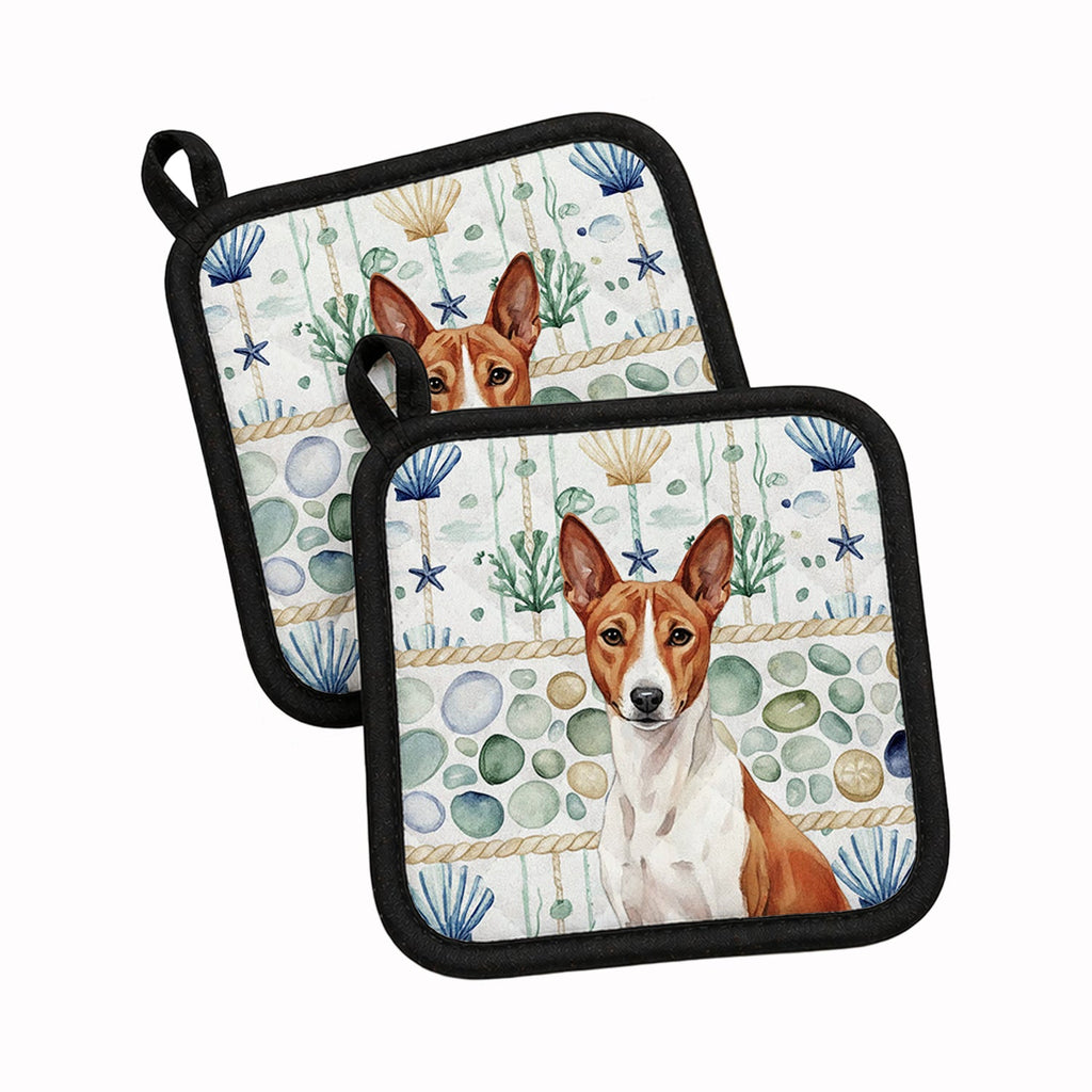 Red and White Basenji Coastal Sea Glass Pot Holder Set of 2 Heat Resistant Quilted Hot Pads 7.5 x 7.5 Inch, Insulated Kitchen Trivets for Cooking & Baking