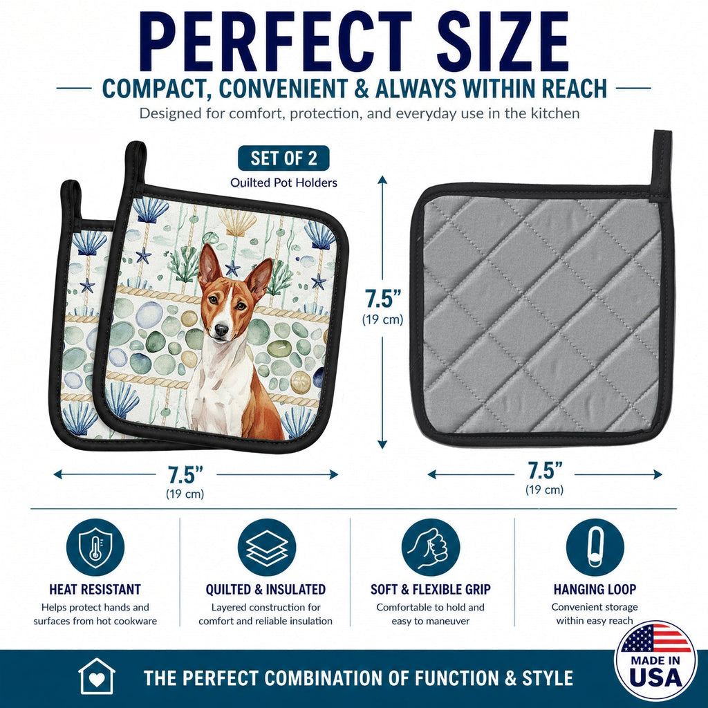Red and White Basenji Coastal Sea Glass Pot Holder Set of 2 Heat Resistant Quilted Hot Pads 7.5 x 7.5 Inch, Insulated Kitchen Trivets for Cooking & Baking