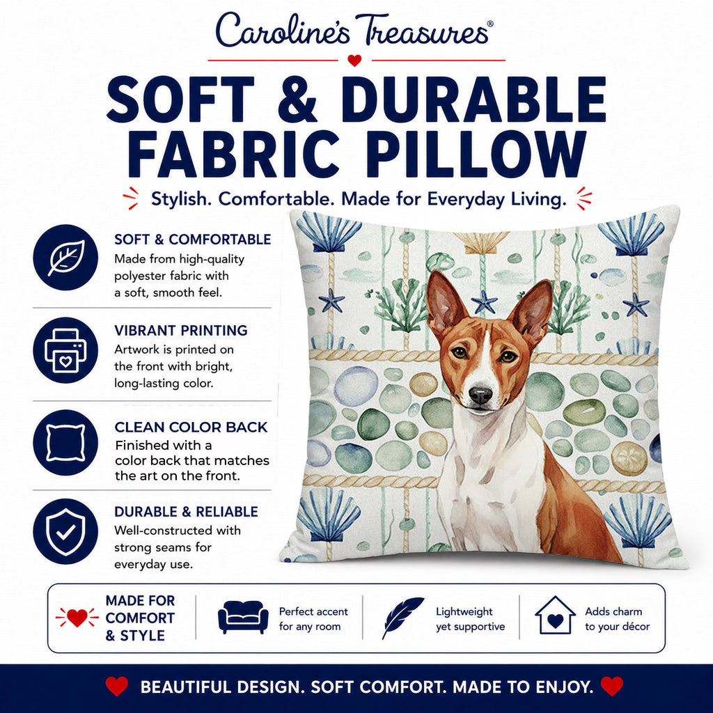 Red and White Basenji Coastal Sea Glass Decorative Throw Pillow 18x18 Indoor Outdoor Accent Cushion, Fabric Cover with Insert for Sofa, Bed, Porch & Living Room