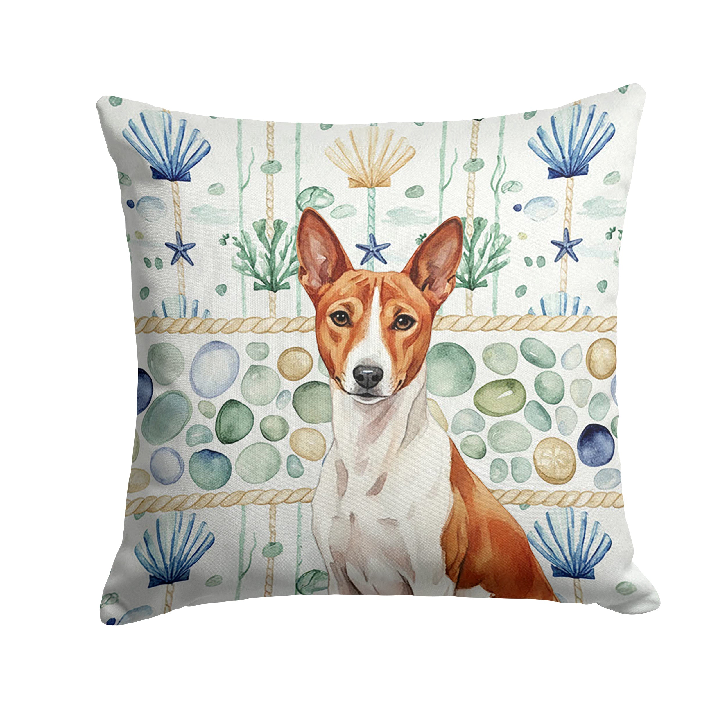 Red and White Basenji Coastal Sea Glass Decorative Throw Pillow 18x18 Indoor Outdoor Accent Cushion, Fabric Cover with Insert for Sofa, Bed, Porch & Living Room