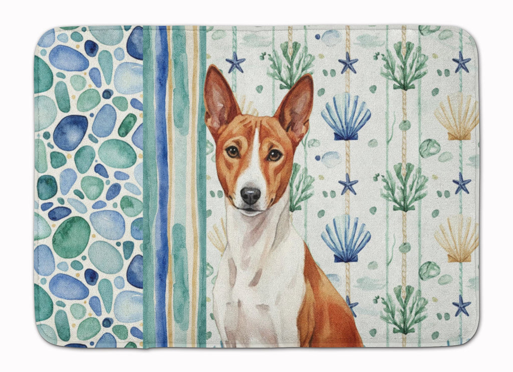 Red and White Basenji Coastal Sea Glass Memory Foam Kitchen Mat Machine Washable Anti-Fatigue Cushion Comfort Bath or Kitchen Rug