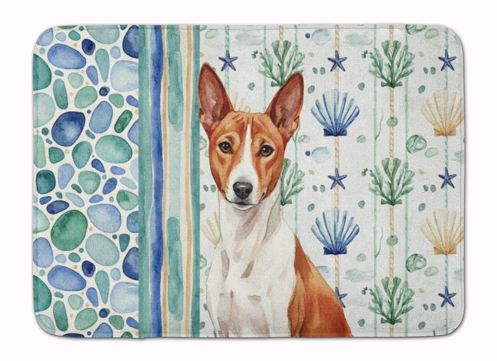 Red and White Basenji Coastal Sea Glass Memory Foam Kitchen Mat Machine Washable Anti-Fatigue Cushion Comfort Bath or Kitchen Rug