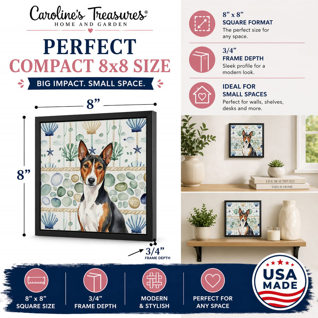 Tricolor and White Basenji Coastal Sea Glass Framed Metal Print Bathroom, Kitchen, Office, Home Decor Wall Art Ready to Hang, Square, 8X8