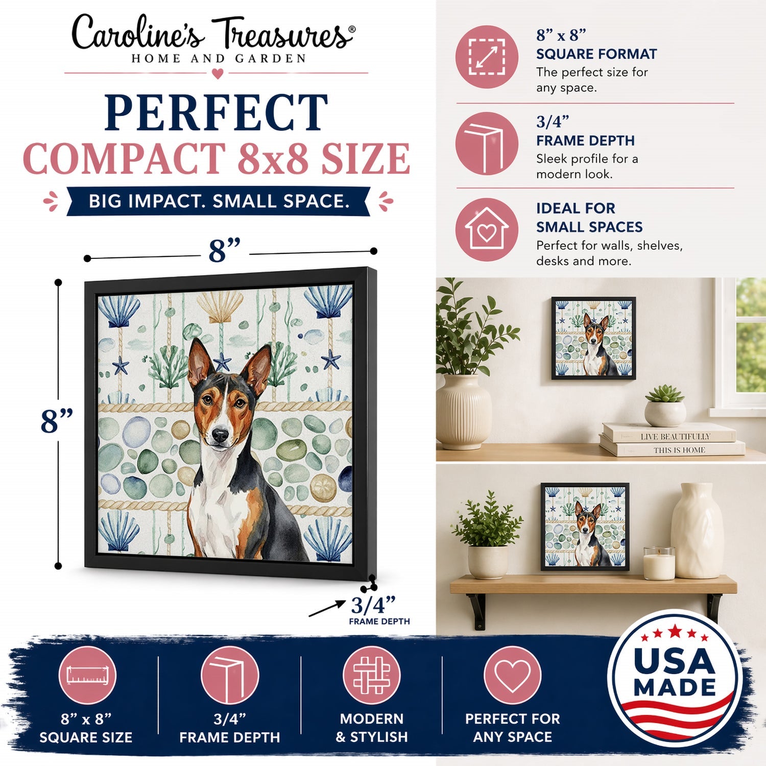 Tricolor and White Basenji Coastal Sea Glass Framed Metal Print Bathroom, Kitchen, Office, Home Decor Wall Art Ready to Hang, Square, 8X8