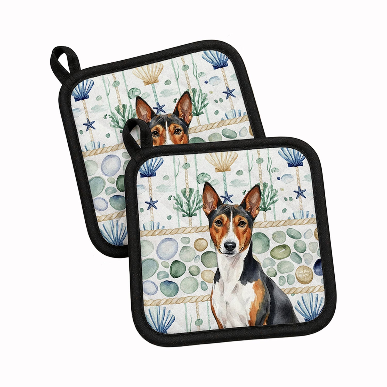 Tricolor and White Basenji Coastal Sea Glass Pot Holder Set of 2 Heat Resistant Quilted Hot Pads 7.5 x 7.5 Inch, Insulated Kitchen Trivets for Cooking & Baking