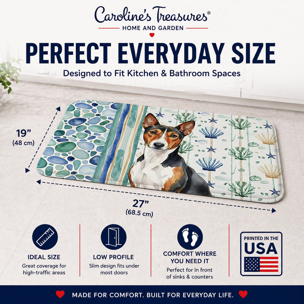 Tricolor and White Basenji Coastal Sea Glass Memory Foam Kitchen Mat Machine Washable Anti-Fatigue Cushion Comfort Bath or Kitchen Rug