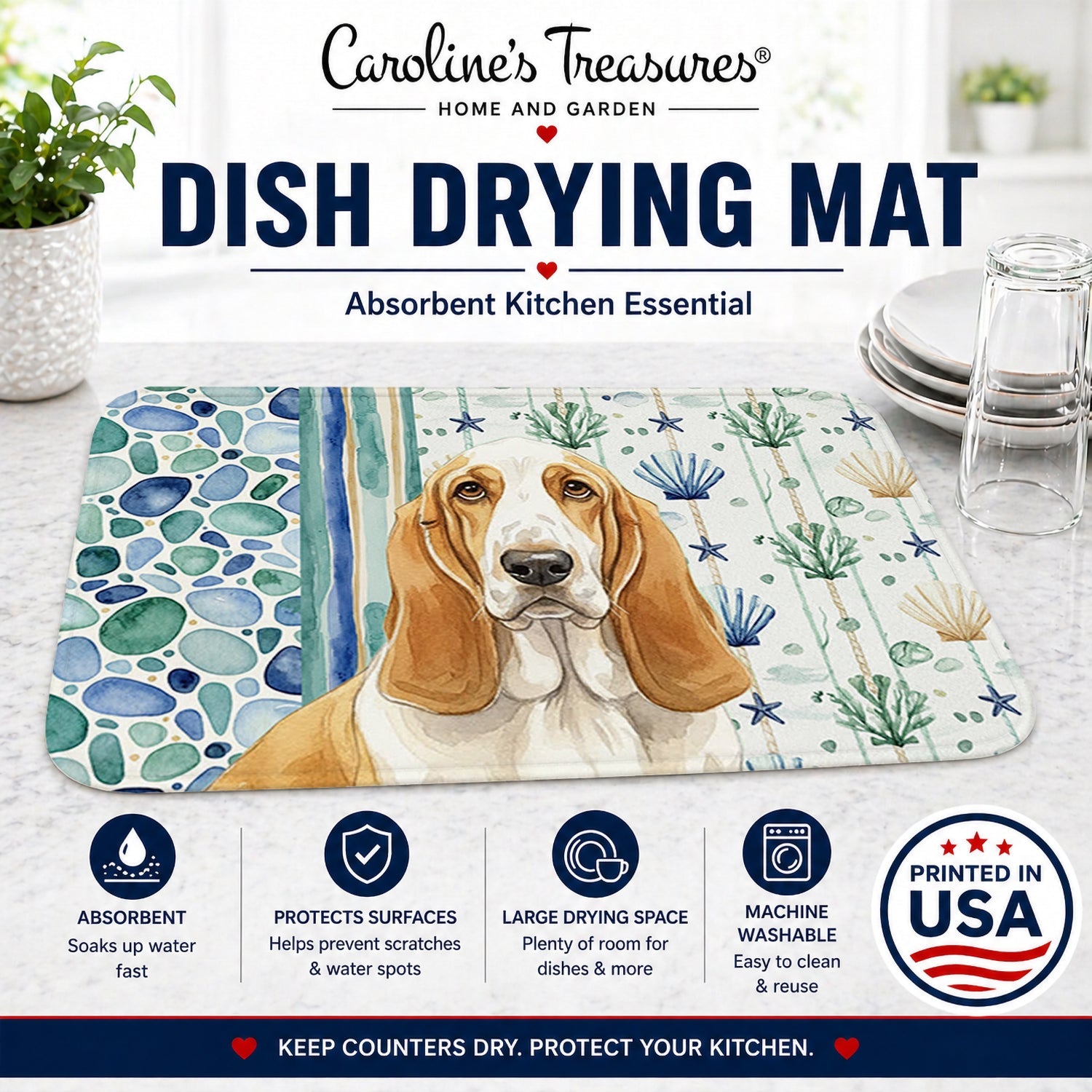 Lemon and White Basset Hound Coastal Sea Glass Dish Drying Mat Absorbent Dish Drying Mat Pad for Kitchen Counter Dish Drainer Mat for Countertop, 14 x 21", Multicolor