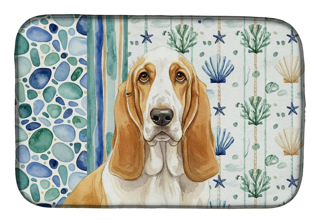 Lemon and White Basset Hound Coastal Sea Glass Dish Drying Mat Absorbent Dish Drying Mat Pad for Kitchen Counter Dish Drainer Mat for Countertop, 14 x 21", Multicolor