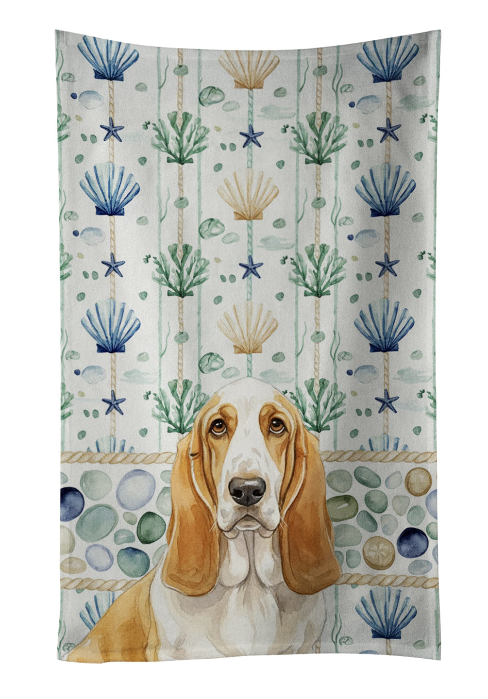 Lemon and White Basset Hound Coastal Sea Glass Kitchen Towel Velour Plush Front and Cotton Loop Back Machine Washable