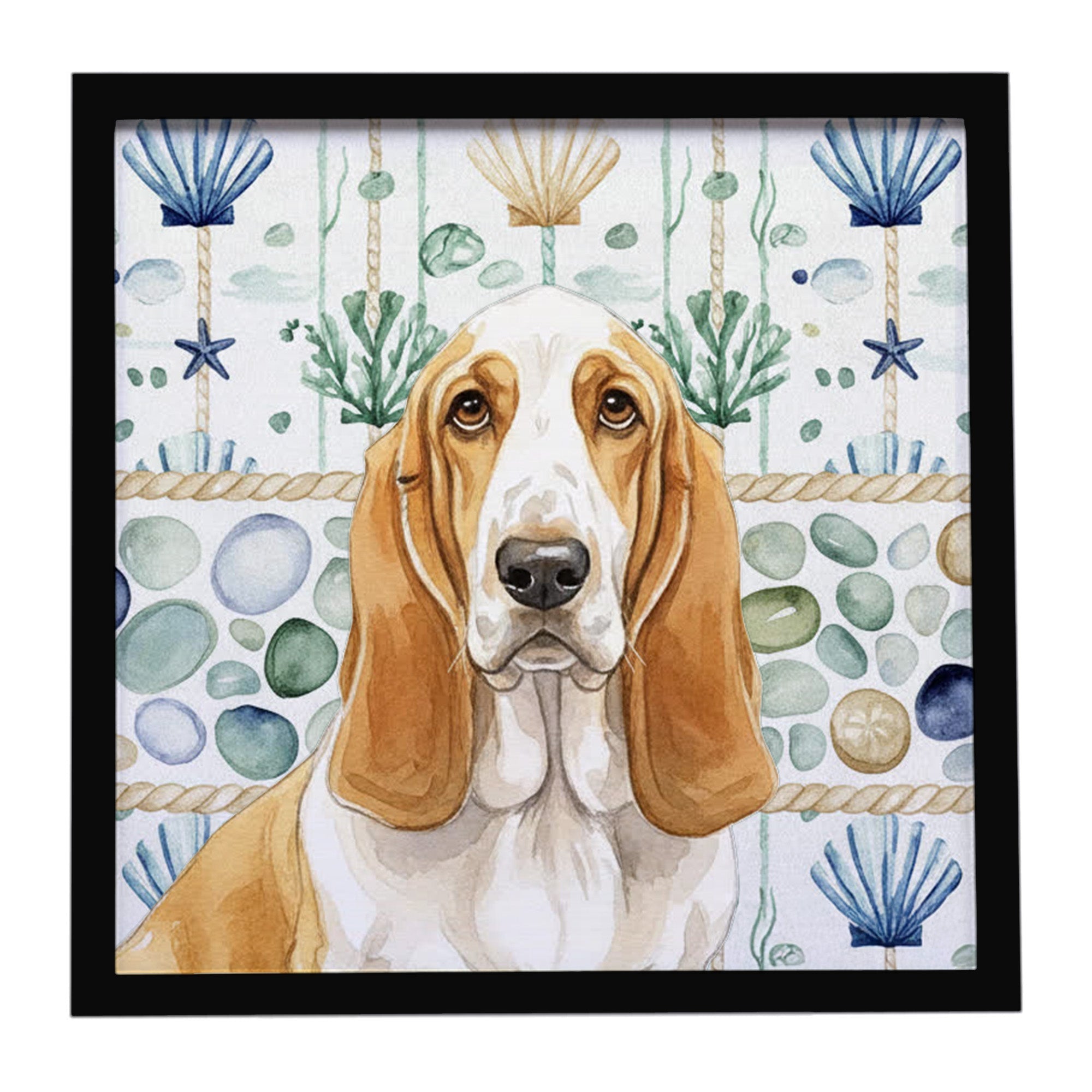 Lemon and White Basset Hound Coastal Sea Glass Framed Metal Print Bathroom, Kitchen, Office, Home Decor Wall Art Ready to Hang, Square, 8X8