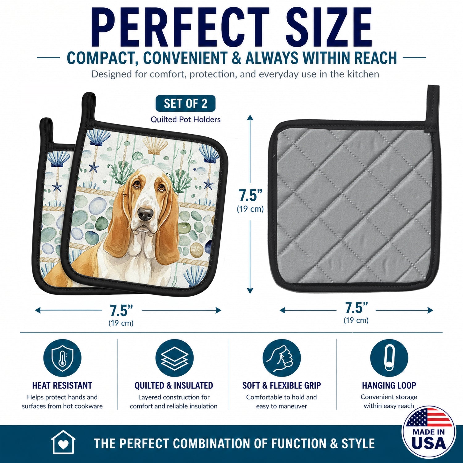 Lemon and White Basset Hound Coastal Sea Glass Pot Holder Set of 2 Heat Resistant Quilted Hot Pads 7.5 x 7.5 Inch, Insulated Kitchen Trivets for Cooking & Baking