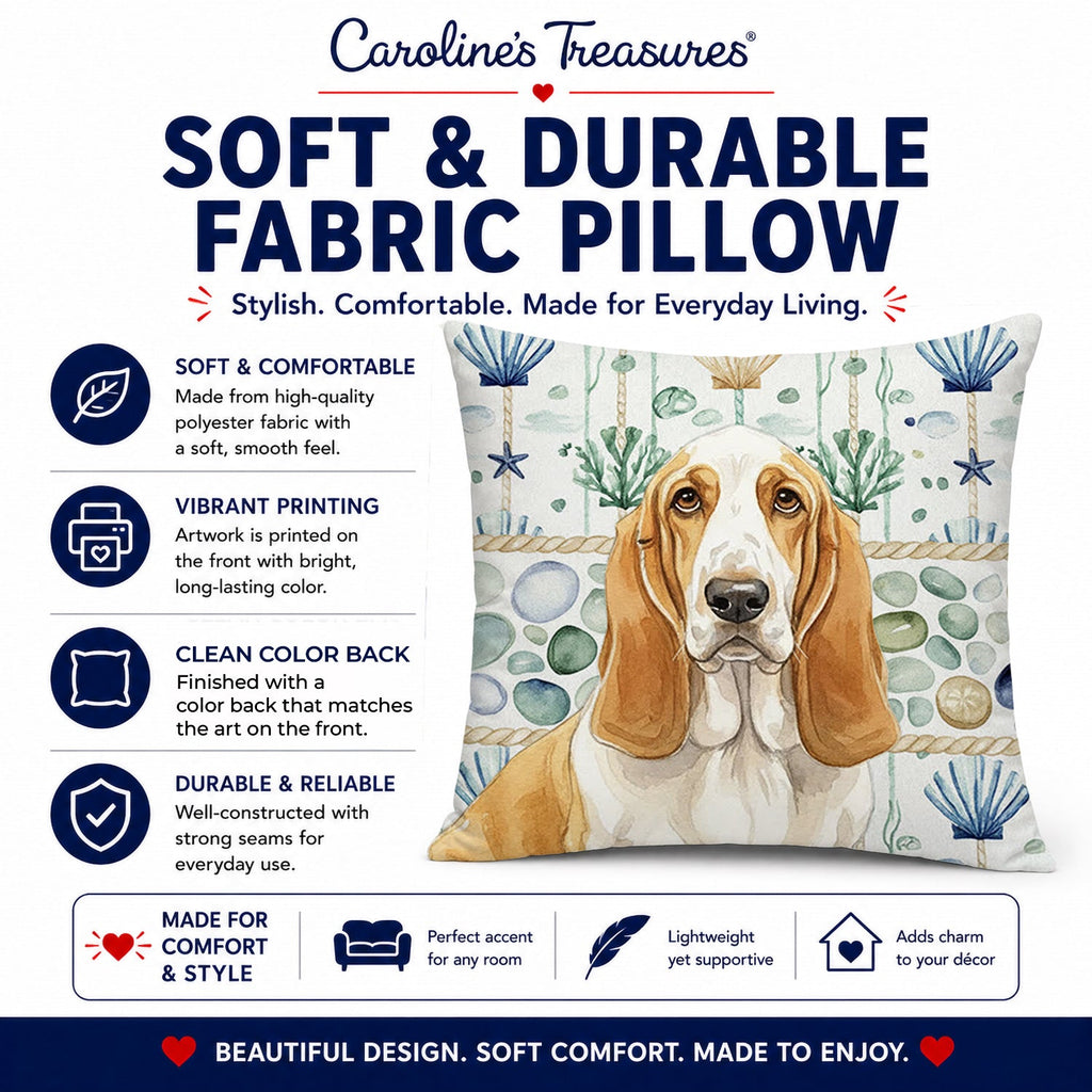 Lemon and White Basset Hound Coastal Sea Glass Decorative Throw Pillow 14x14 Indoor Outdoor Accent Cushion, Fabric Cover with Insert for Sofa, Bed, Porch & Living Room