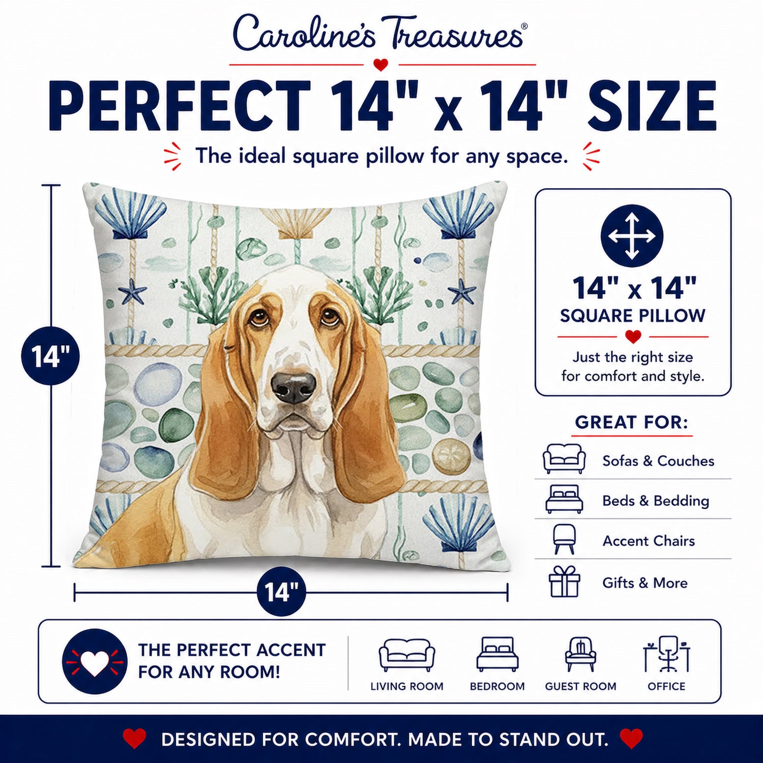 Lemon and White Basset Hound Coastal Sea Glass Decorative Throw Pillow 14x14 Indoor Outdoor Accent Cushion, Fabric Cover with Insert for Sofa, Bed, Porch & Living Room