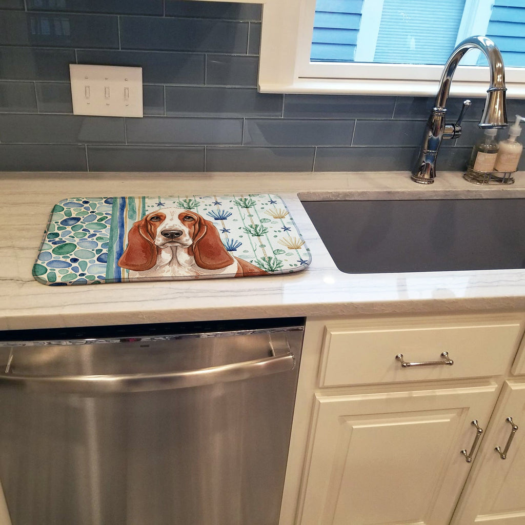 Red and White Basset Hound Coastal Sea Glass Dish Drying Mat Absorbent Dish Drying Mat Pad for Kitchen Counter Dish Drainer Mat for Countertop, 14 x 21", Multicolor