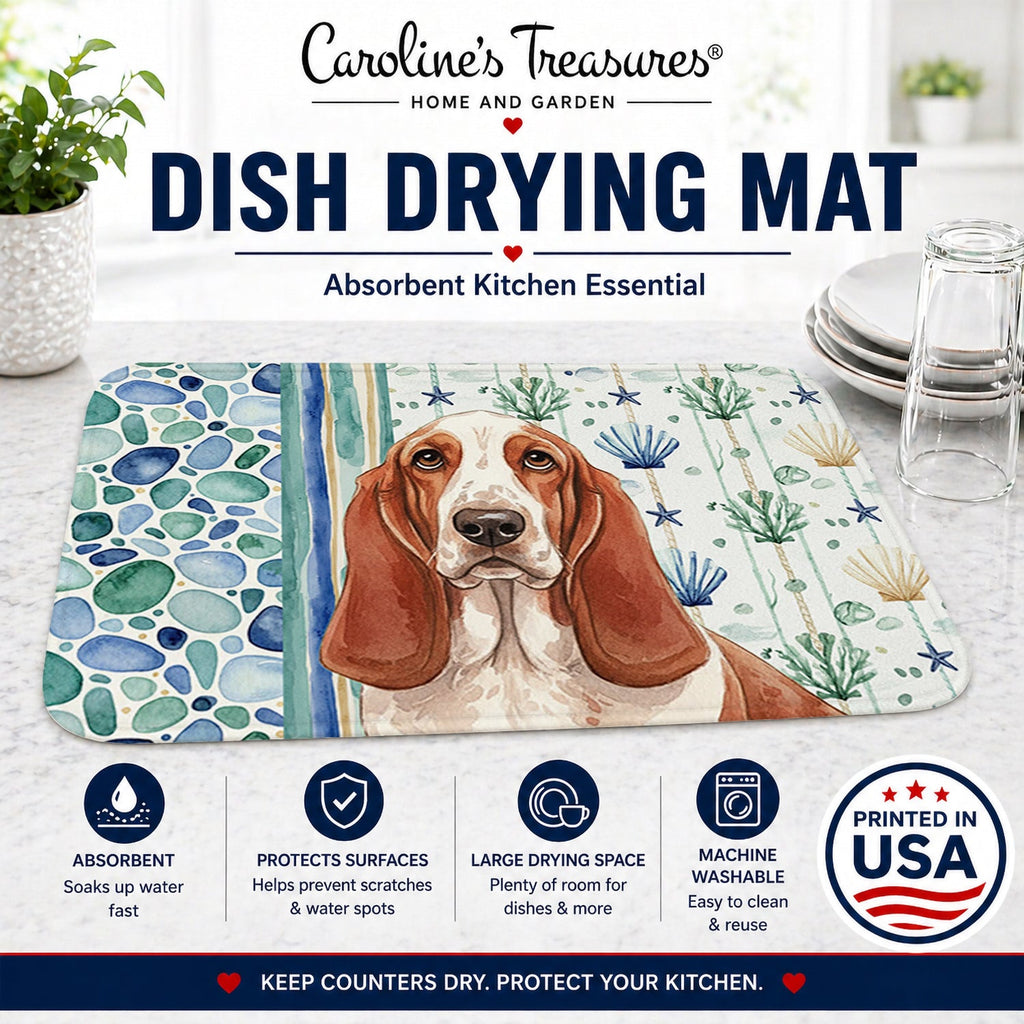 Red and White Basset Hound Coastal Sea Glass Dish Drying Mat Absorbent Dish Drying Mat Pad for Kitchen Counter Dish Drainer Mat for Countertop, 14 x 21", Multicolor