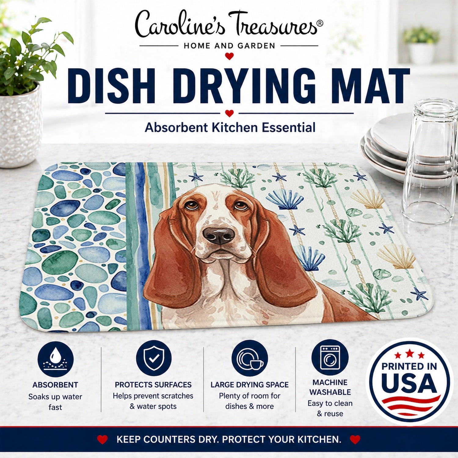 Red and White Basset Hound Coastal Sea Glass Dish Drying Mat Absorbent Dish Drying Mat Pad for Kitchen Counter Dish Drainer Mat for Countertop, 14 x 21", Multicolor