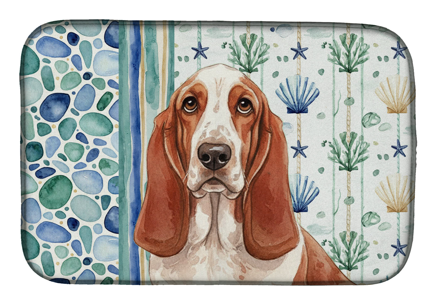 Red and White Basset Hound Coastal Sea Glass Dish Drying Mat Absorbent Dish Drying Mat Pad for Kitchen Counter Dish Drainer Mat for Countertop, 14 x 21", Multicolor