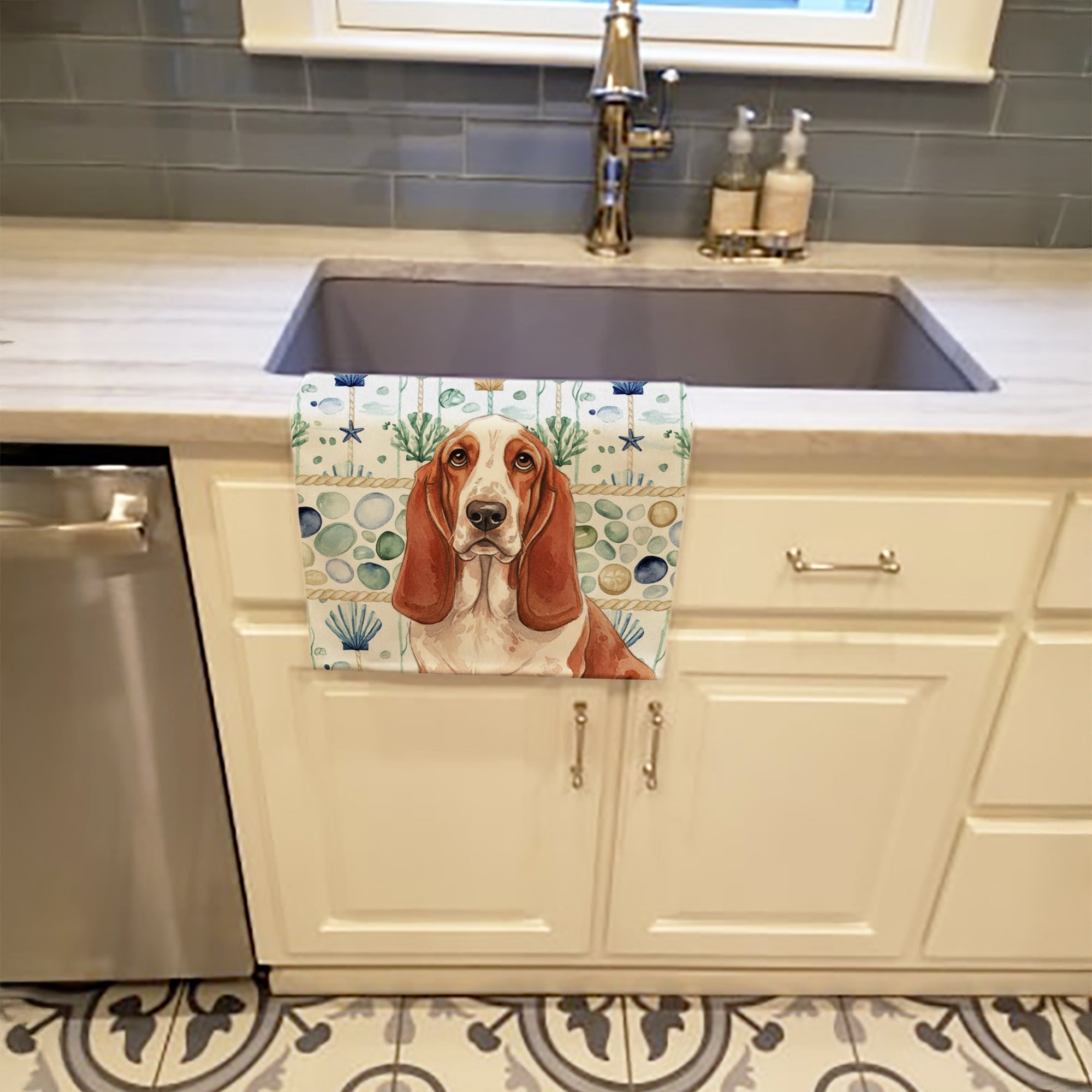 Red and White Basset Hound Coastal Sea Glass Kitchen Towel Velour Plush Front and Cotton Loop Back Machine Washable