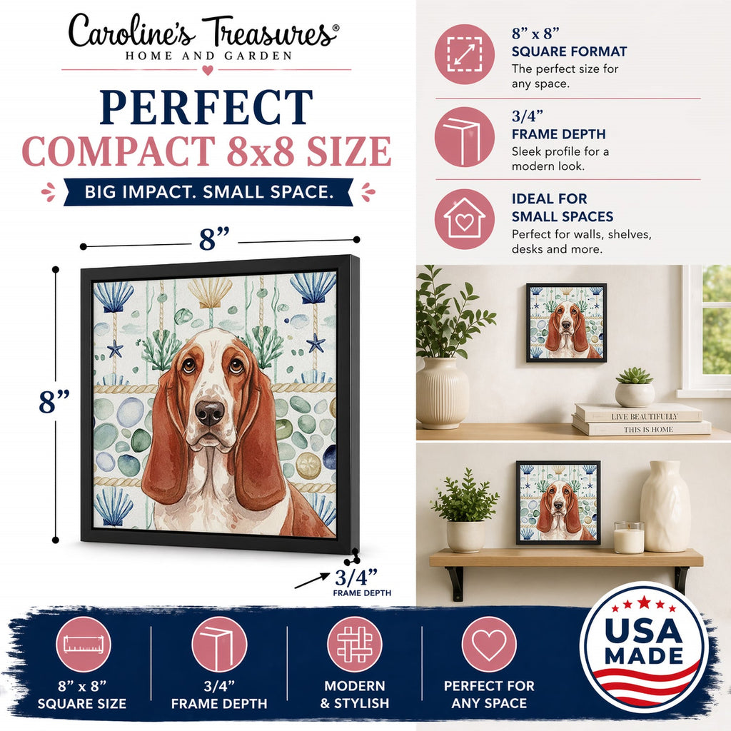 Red and White Basset Hound Coastal Sea Glass Framed Metal Print Bathroom, Kitchen, Office, Home Decor Wall Art Ready to Hang, Square, 8X8