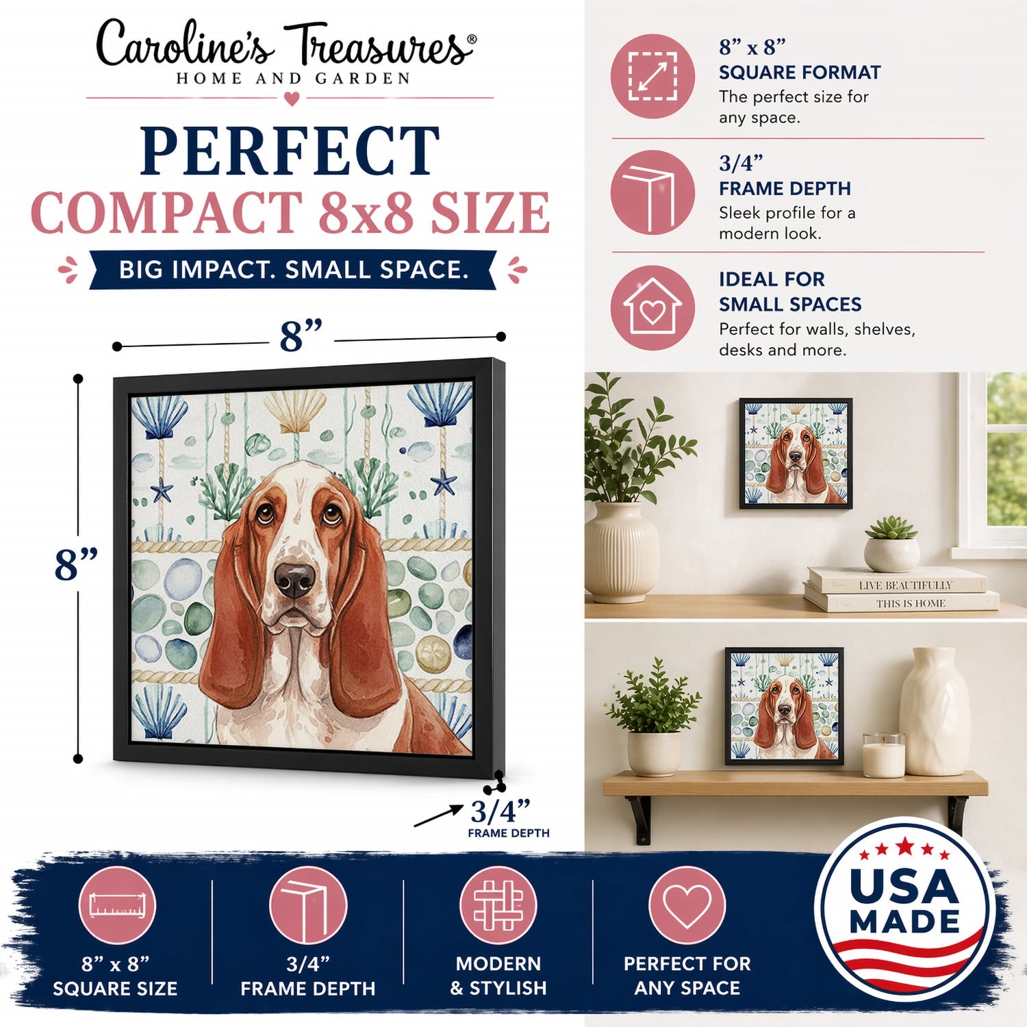 Red and White Basset Hound Coastal Sea Glass Framed Metal Print Bathroom, Kitchen, Office, Home Decor Wall Art Ready to Hang, Square, 8X8