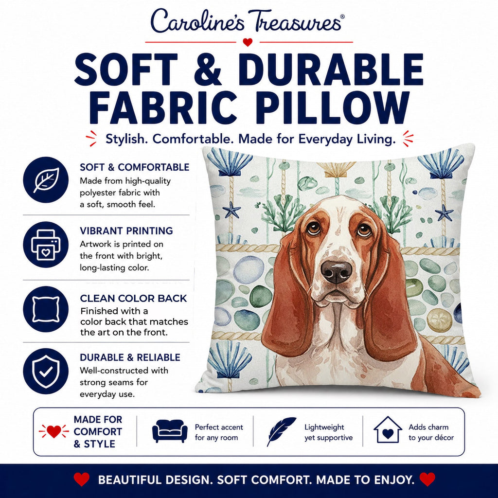 Red and White Basset Hound Coastal Sea Glass Decorative Throw Pillow 14x14 Indoor Outdoor Accent Cushion, Fabric Cover with Insert for Sofa, Bed, Porch & Living Room