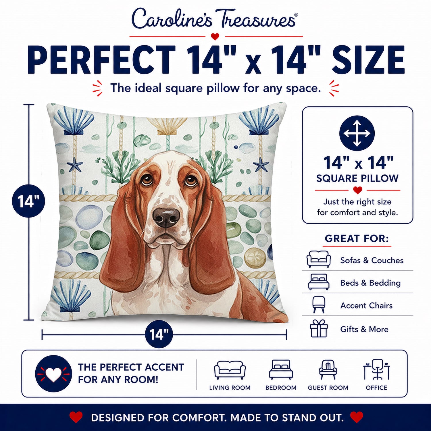 Red and White Basset Hound Coastal Sea Glass Decorative Throw Pillow 14x14 Indoor Outdoor Accent Cushion, Fabric Cover with Insert for Sofa, Bed, Porch & Living Room