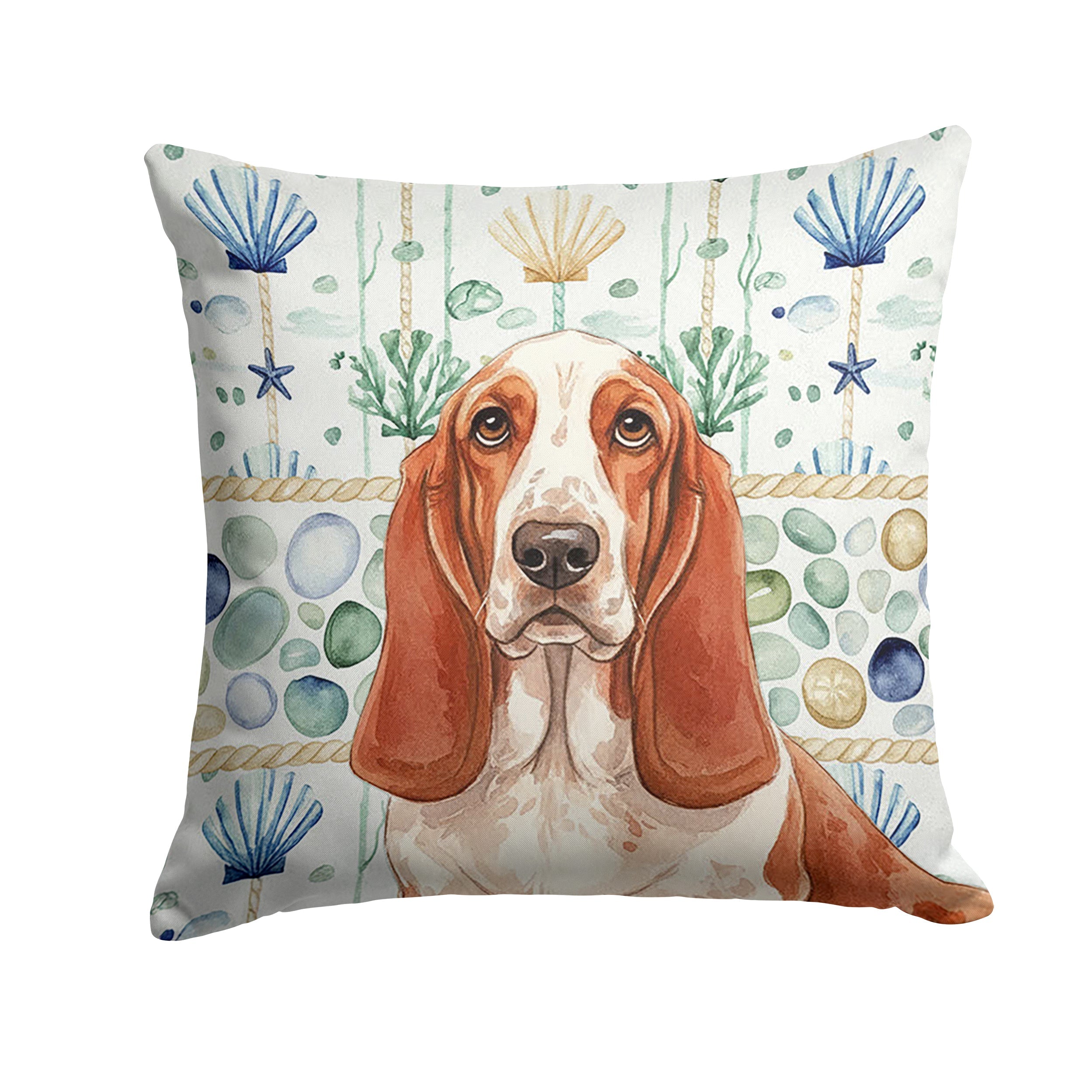 Red and White Basset Hound Coastal Sea Glass Decorative Throw Pillow 14x14 Indoor Outdoor Accent Cushion, Fabric Cover with Insert for Sofa, Bed, Porch & Living Room