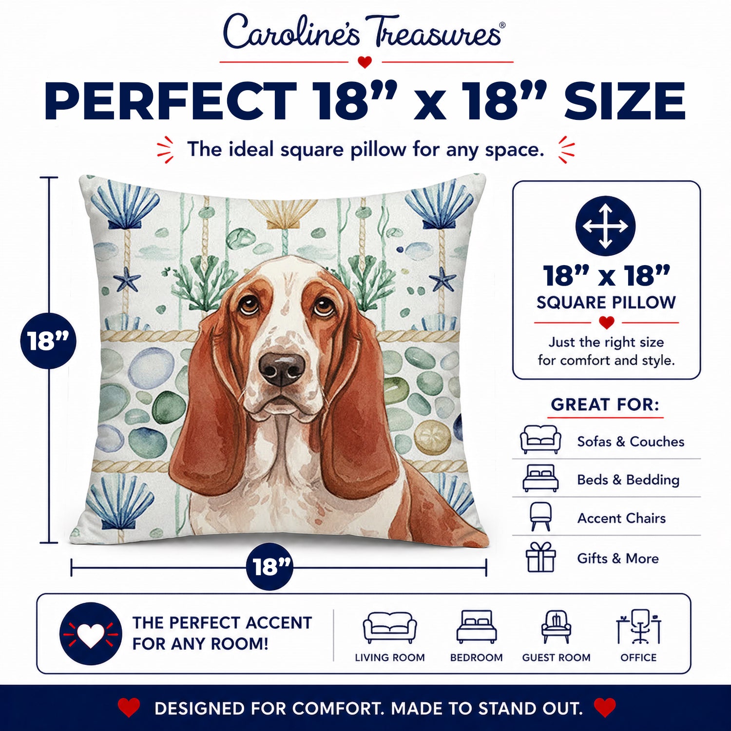Red and White Basset Hound Coastal Sea Glass Decorative Throw Pillow 18x18 Indoor Outdoor Accent Cushion, Fabric Cover with Insert for Sofa, Bed, Porch & Living Room