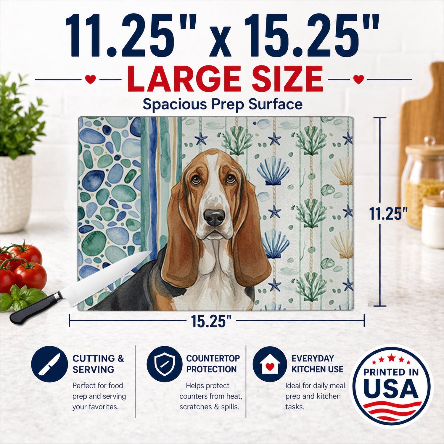 Tricolor and White Basset Hound Coastal Sea Glass Cutting Board Tempered Glass Kitchen Cutting Surface, Heat Resistant Chopping, Non-Slip Feet, Food Prep & Serving