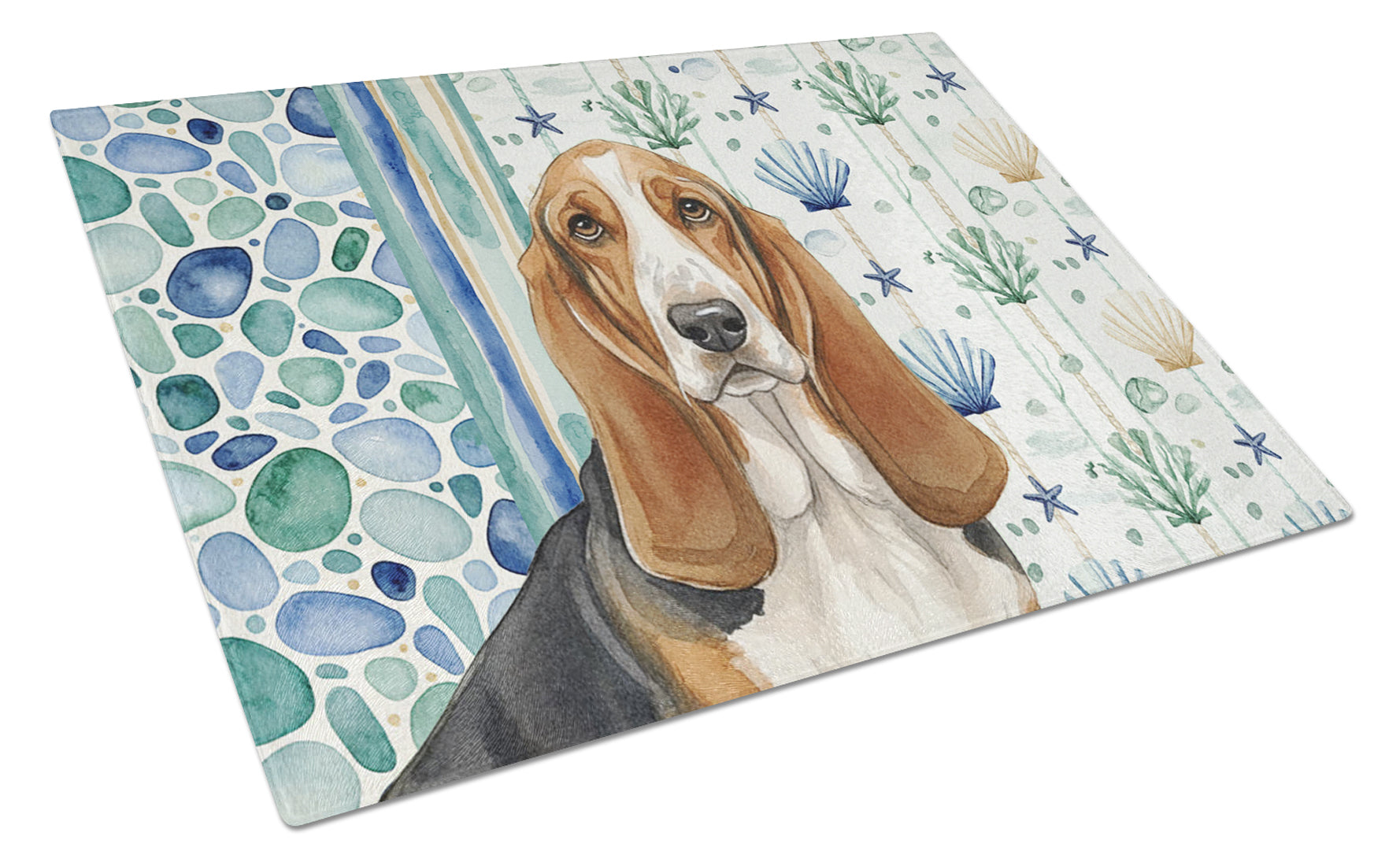 Tricolor and White Basset Hound Coastal Sea Glass Cutting Board Tempered Glass Kitchen Cutting Surface, Heat Resistant Chopping, Non-Slip Feet, Food Prep & Serving