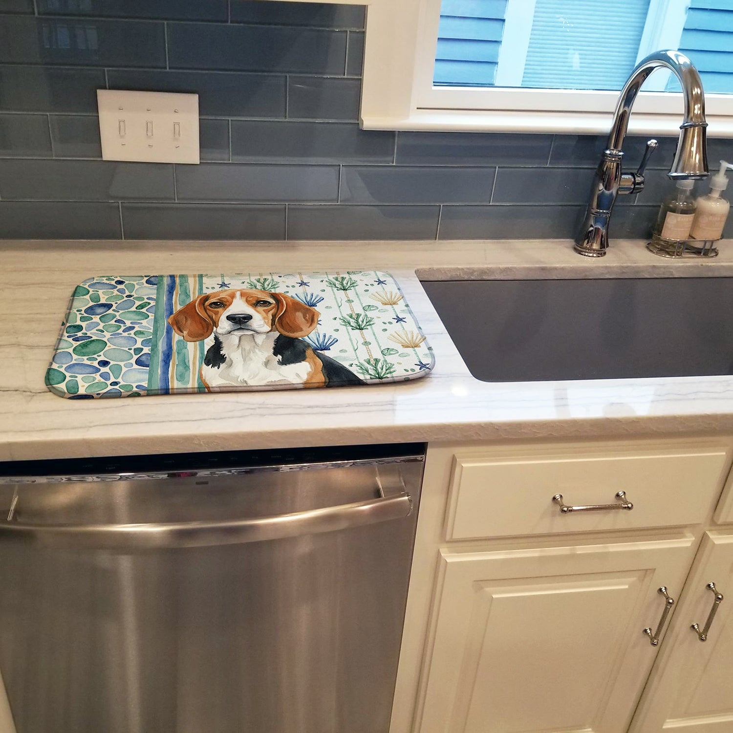 Beagle Coastal Sea Glass Dish Drying Mat Absorbent Dish Drying Mat Pad for Kitchen Counter Dish Drainer Mat for Countertop, 14 x 21", Multicolor