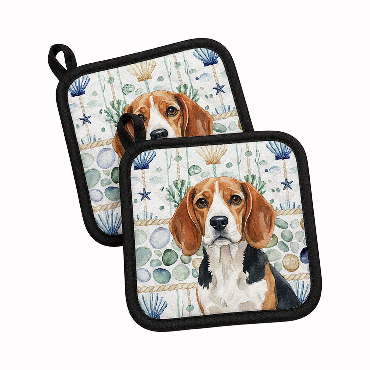 Beagle Coastal Sea Glass Pot Holder Set of 2 Heat Resistant Quilted Hot Pads 7.5 x 7.5 Inch, Insulated Kitchen Trivets for Cooking & Baking