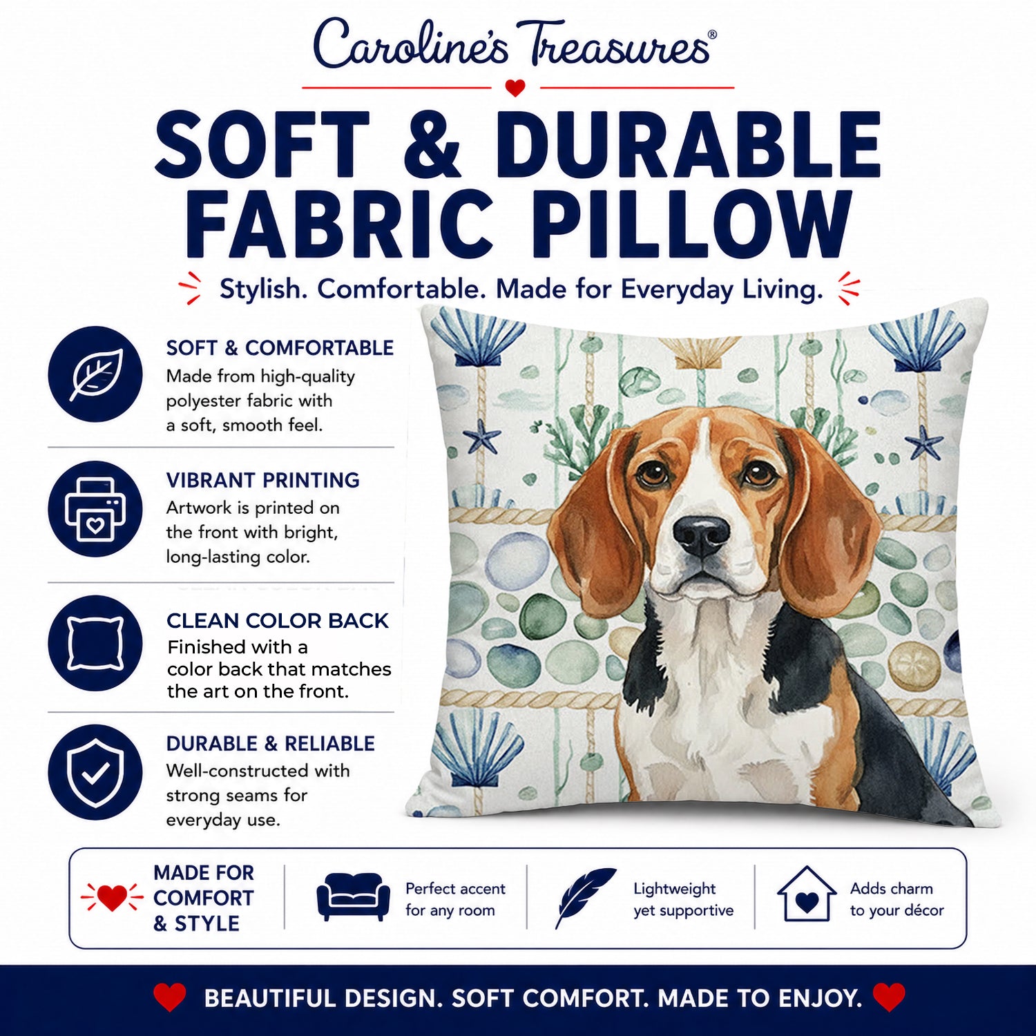 Beagle Coastal Sea Glass Decorative Throw Pillow 14x14 Indoor Outdoor Accent Cushion, Fabric Cover with Insert for Sofa, Bed, Porch & Living Room