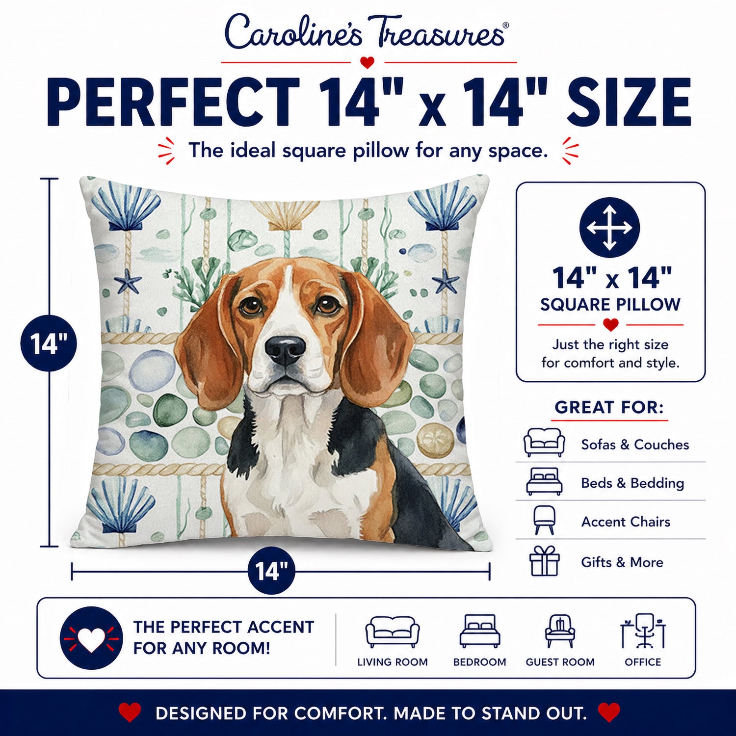 Beagle Coastal Sea Glass Decorative Throw Pillow 14x14 Indoor Outdoor Accent Cushion, Fabric Cover with Insert for Sofa, Bed, Porch & Living Room