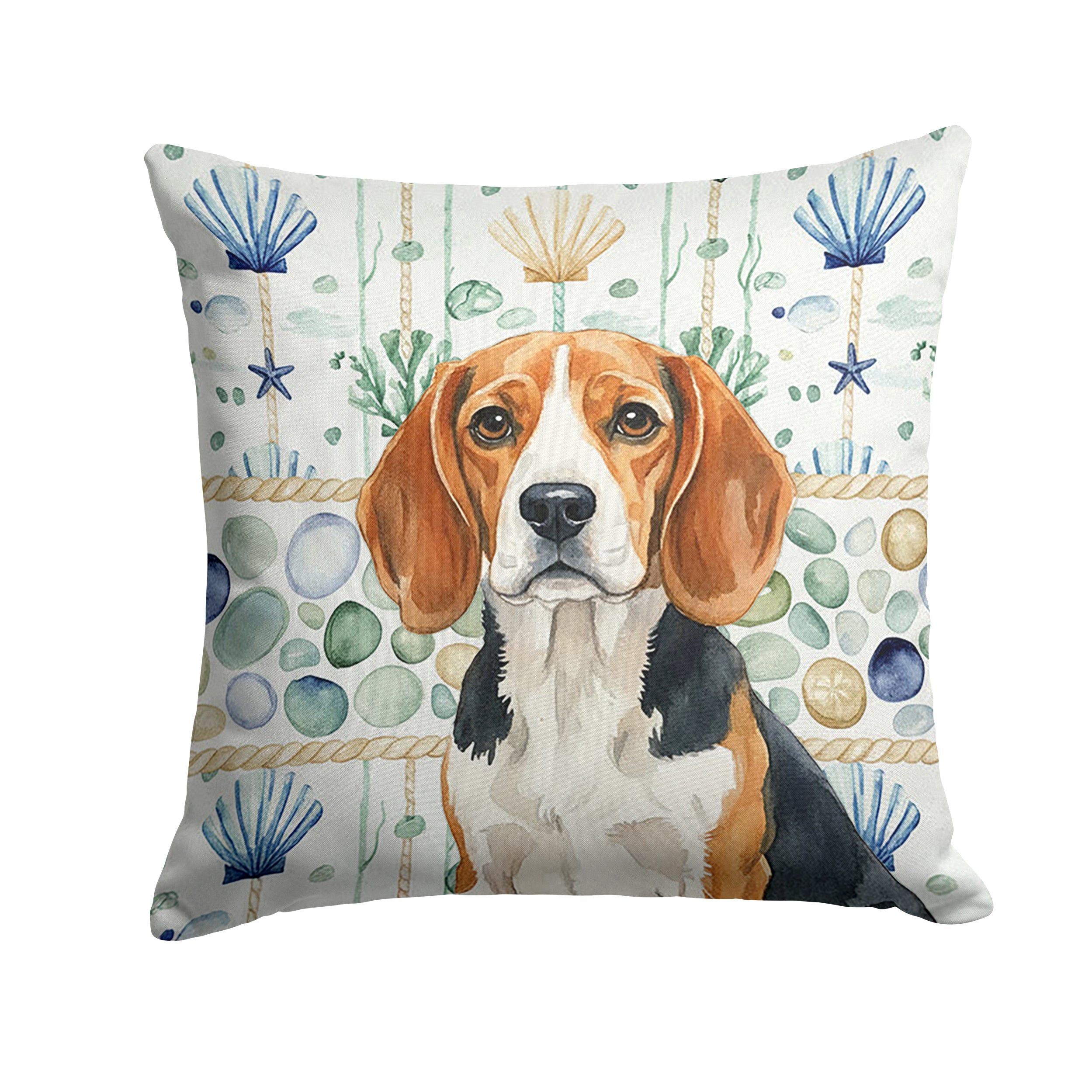Beagle Coastal Sea Glass Decorative Throw Pillow 14x14 Indoor Outdoor Accent Cushion, Fabric Cover with Insert for Sofa, Bed, Porch & Living Room
