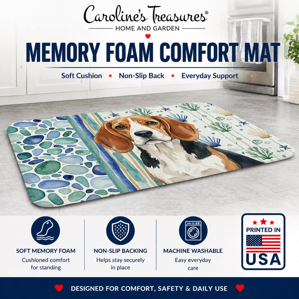 Beagle Coastal Sea Glass Memory Foam Kitchen Mat Machine Washable Anti-Fatigue Cushion Comfort Bath or Kitchen Rug