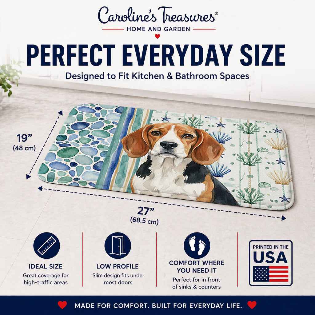 Beagle Coastal Sea Glass Memory Foam Kitchen Mat Machine Washable Anti-Fatigue Cushion Comfort Bath or Kitchen Rug
