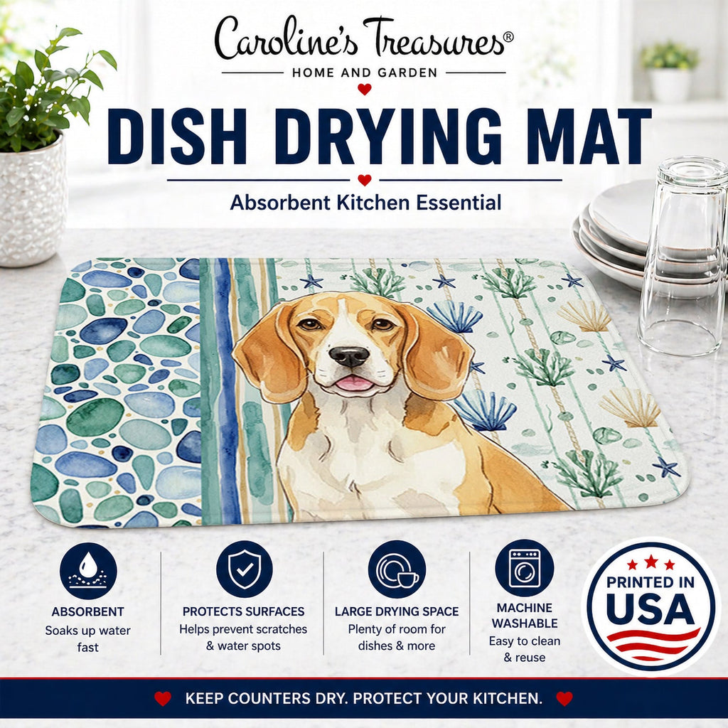 Lemon and White Beagle Coastal Sea Glass Dish Drying Mat Absorbent Dish Drying Mat Pad for Kitchen Counter Dish Drainer Mat for Countertop, 14 x 21", Multicolor