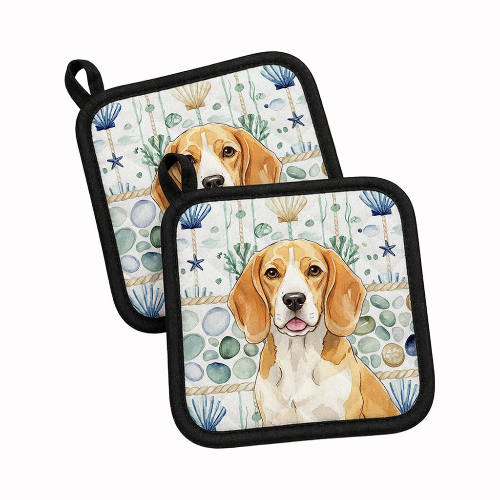 Lemon and White Beagle Coastal Sea Glass Pot Holder Set of 2 Heat Resistant Quilted Hot Pads 7.5 x 7.5 Inch, Insulated Kitchen Trivets for Cooking & Baking